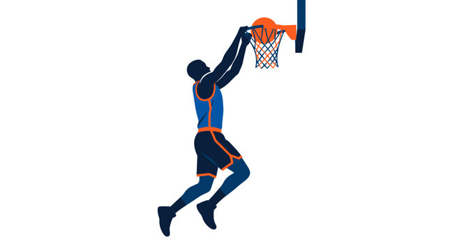 Dynamic silhouette of a basketball player dunking with intense energy with performing dunk