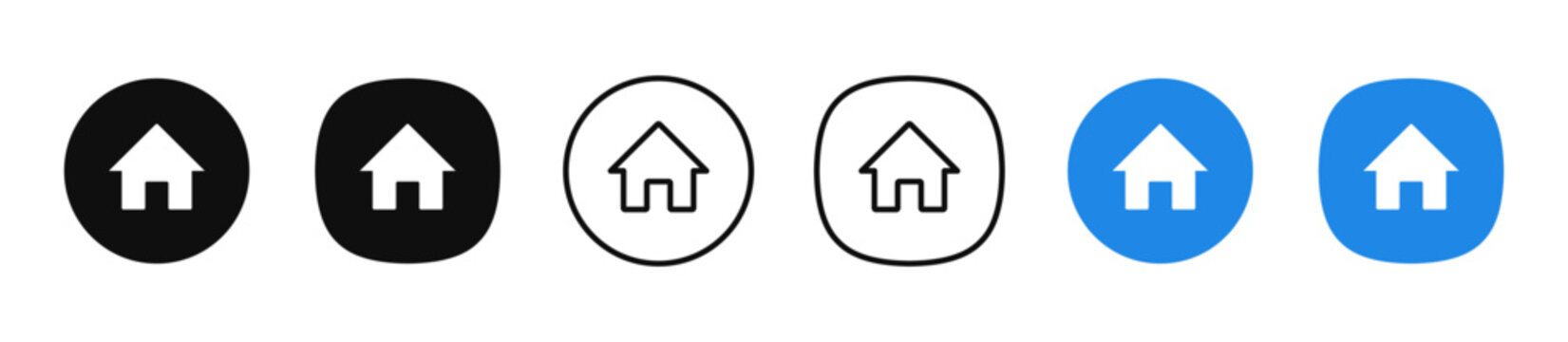 Web home icon set for website and mobile apps in outline and filled styles. Simple house symbols. Main page buttons. Building or real estate element. Vector illustration