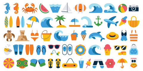 Collection of flat featuring summer vacation themes, including sea creatures, beach gear, tropical fruits, ocean waves, surfboards, ice cream, clothing, and travel accessories © Maru