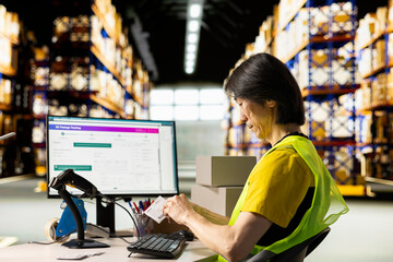 Asian warehouse worker in a high-visibility vest prints adhesive tracking labels, manages shipment...