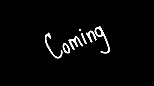 Text appearing soon. Text notification with a "glitch" distortion effect. Smooth looping animation; tilted, vibrating text against a solid black background.