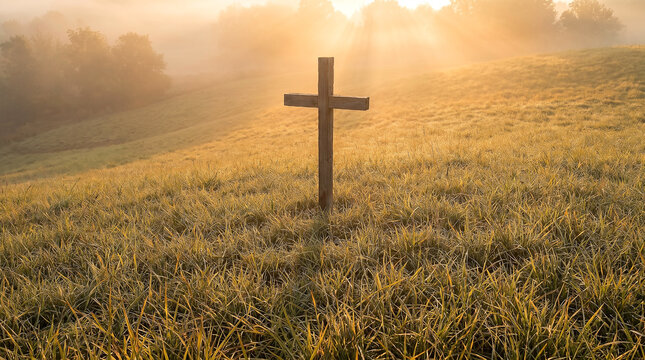 Wooden Christian cross standing on a grassy hill during a serene sunrise with warm golden light illuminating the misty morning landscape in a peaceful setting