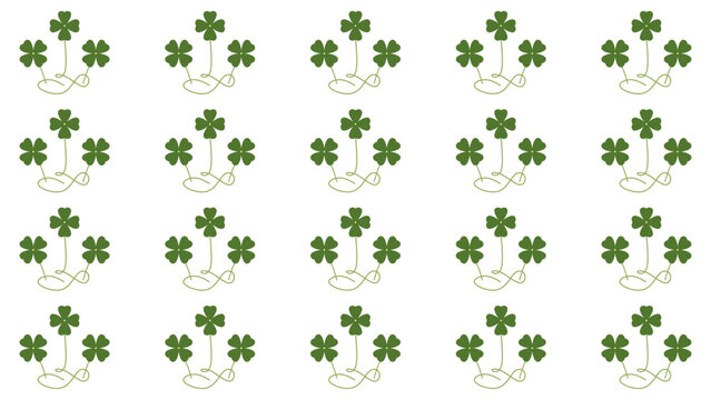 A seamless pattern of a green four leaf clover with curly stems on a white background. Good luck concept repeating background with minimalist green clover leaves and swirl infinity vines.