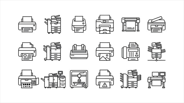 Printer line icons set, office copier and scanner vector, 18 printing equipment symbols