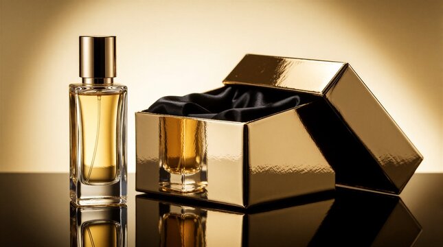 Elegant gold perfume bottle stands beside open gift box on reflective black surface. Shiny luxury cosmetic glass container sits near decorative packaging with satin fabric lining. Modern studio scene