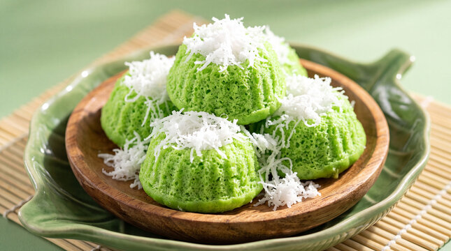 Traditional Southeast Asian green pandan steamed cakes known as kue seri muka or putu ayu topped with shredded coconut served on a wooden plate and green dish