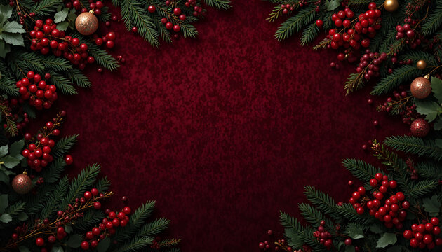 Christmas wreath with berries and golden ornaments on dark burgundy velvet background