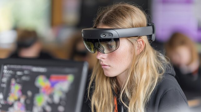 A language student wearing VR goggles interacts with virtual characters for immersive dialogue practice with the classroom and other students blurred.