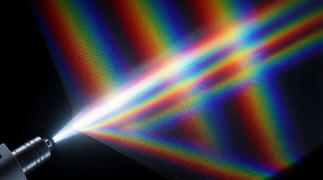 Laser light passes through diffraction grating to create colorful spectrum. Vibrant rainbow patterns emerge from beam in dark lab setting. Physics experiment shows light interference, spectrum