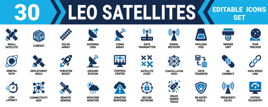Set of 30 leo satellites and space communication icons showing orbital technology and data systems Minimal solid fill icon set bundle collection. Editable Vector Illustration Mega pack