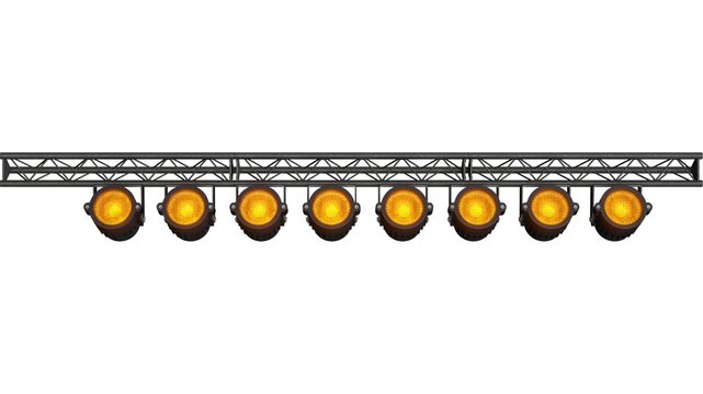 Linear truss with eight amber LED PAR stage lights isolated on white background for concert, theater, event and entertainment lighting production.