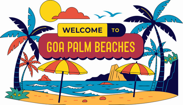 Very beautiful realistic vector of a classic travel welcome sign featuring a bold label reading "GOA PALM BEACHES", decorated with tropical palm trees, golden sandy beaches, turquoise ocean waves, bea