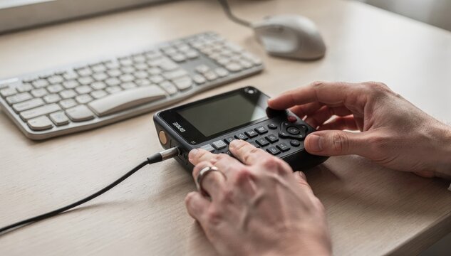 Closeup of a home assistive tech setup with focused hands configuring a screen reader device while a softly blurred ergonomic keyboard and mouse rest on the desk.