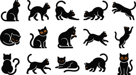Fototapeta premium Set of black cat silhouettes in various poses perfect for spooky halloween decorations and graphic design projects