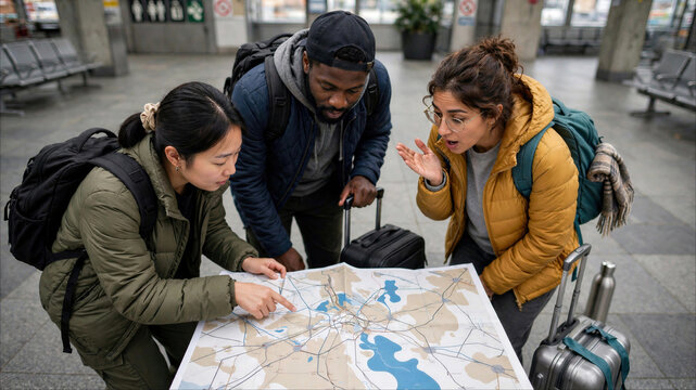 Diverse group of young travelers looking confused at a paper map in a train station terminal with backpacks and luggage.