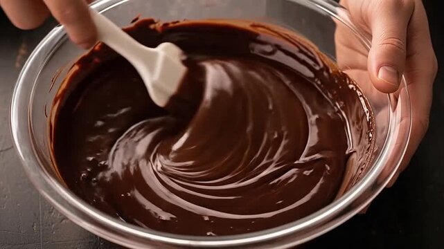 A person stirs melted dark chocolate in a glass mixing bowl