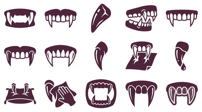 vampire teeth vector fangs dracula icon set featuring open mouth sharp bites single canine tooth blood drops cushion graphic elements for halloween spooky horror design isolated