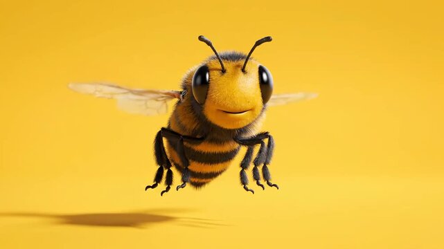 Adorable 3D Animated Bee Smiling and Flying Against a Solid Yellow Background, Ideal for Children's Educational Content or Honey Brand Marketing.