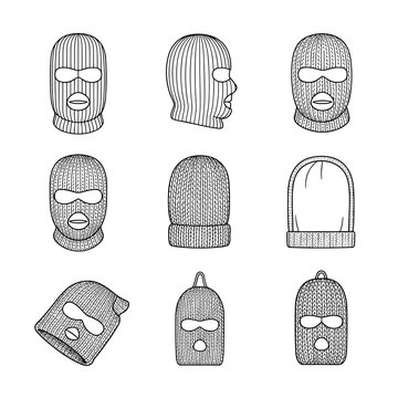 ski mask vector balaclava beanie illustration set featuring knitted winter headwear in detailed line art style covering face for cold snow sports protection design elements