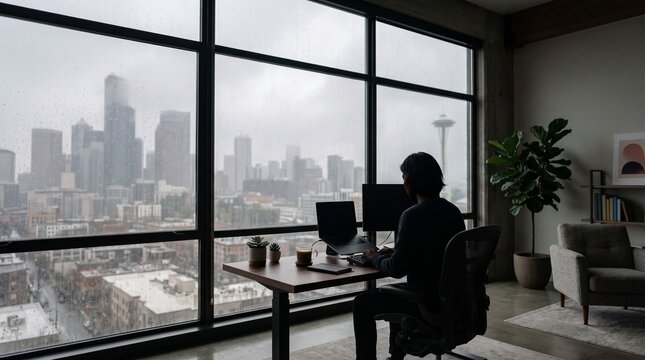 Professional Working at High-Rise Office Window During Rainy Day