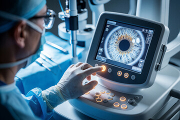 Naklejka na ściany i meble Surgeon uses modern laser machine with eye display for vision correction. Doctor operates eye surgery equipment in clinic. Patient benefits from laser eye treatment for sight improvement.