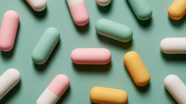 Colorful Capsule Pills on Mint Green Background