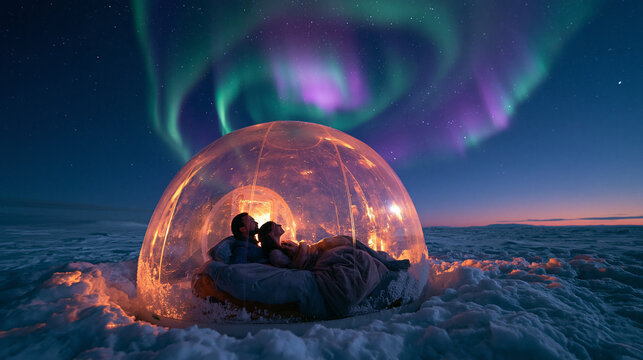 Couple Sharing Warmth in Glowing Igloo Under Aurora Borealis