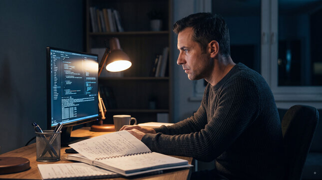 Focused male software developer working on computer code at night in a dimly lit home office with desk lamp and notebooks