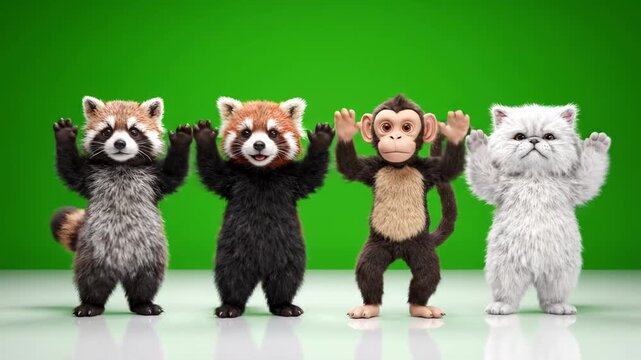 Cute 3D Animated Animals on Green Screen. Four furry characters including red panda, monkey, and cat on reflective floor. Perfect for kids' media and compositing.