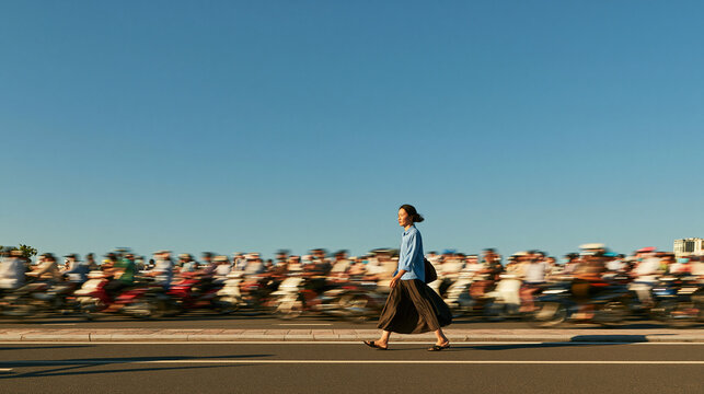 Woman Walking Across Busy Street Against Motion Blur