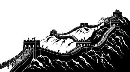 Obraz premium great wall china vector landmark silhouette illustration of ancient asian fortress winding through mountains black and white monochrome graphic for travel tourism heritage design