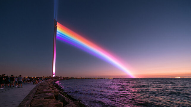 Rainbow Light Beam Over Ocean at Dusk