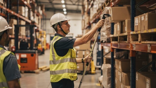 Medium shot of a warehouse supervisor demonstrating modified task assignments with assistive reach tools busy warehouse equipment softly out of focus.