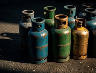 Naklejka premium Several aged gas cylinders in various colors sit on a textured ground under sunlight. Blue green and gold tanks show rust and wear. These metal containers store gas pressure.