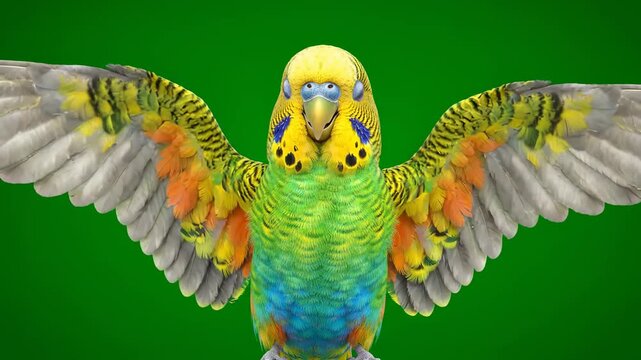 Vibrant Budgerigar Spreading Wings on Green Screen, Ideal for Pet Care Content.