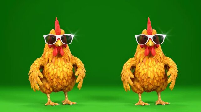 Funny Dancing Chickens with Sunglasses on Green Screen, ideal for humorous social media content.