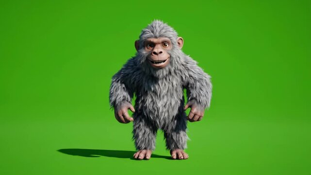Playful Baby Gorilla Dancing, 3D Animated Grey Ape Character on Green Screen Background, Ideal for Children's Content and Video Editing.