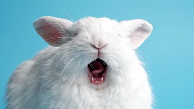 Funny White Rabbit Yawning Close-up on Blue Background, ideal for pet care content and humorous animal videos.