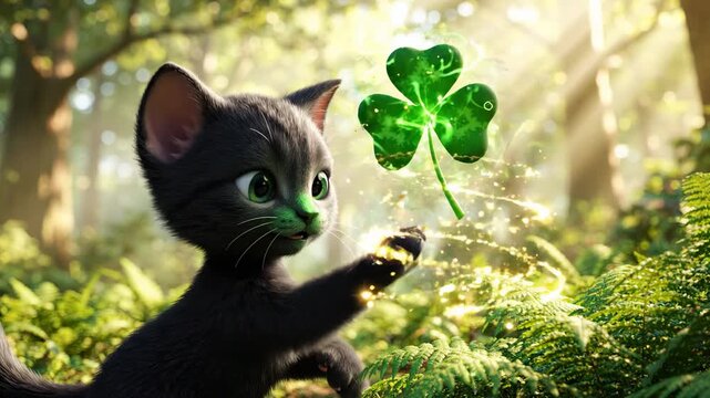 Adorable Black Kitten Reaching for a Glowing Magical Shamrock in a Sunlit Forest Ideal for St. Patrick's Day Celebrations.