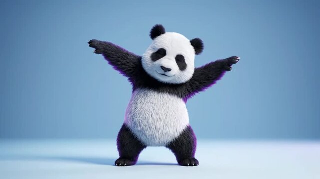 Adorable 3D Animated Panda Standing with Arms Wide Open on Blue Studio Background, Ideal for Children's Content and Mascot Design.