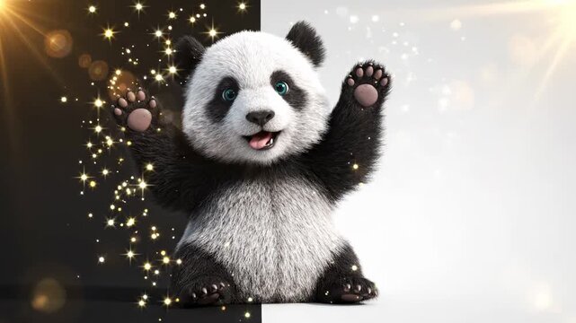 Cute 3D Baby Panda Waving on Split Black and White Background, ideal for children's content.