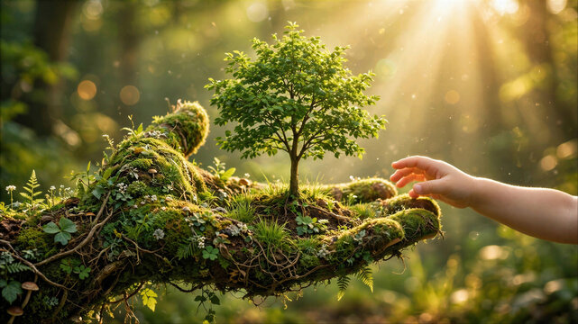 Child hand reaching for a small tree held by a giant mossy root hand in a sunny forest, conceptual image for environmental conservation and future sustainability.