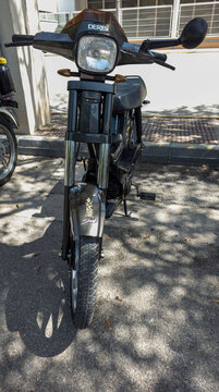 TAVERNES BLANQUES, SPAIN - JUNE 14, 2026.Vintage black Derbi Variant Start moped parked on asphalt at a vehicle gathering in Spain