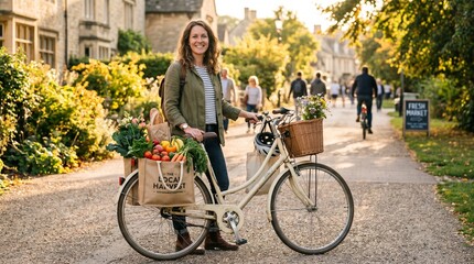 Obraz premium Happy woman riding bicycle in urban park with flowers.