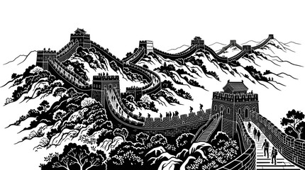 Naklejka premium great wall china skyline vector illustration featuring detailed black woodcut style artwork famous Asian landmark fortress watchtowers winding over mountain landscape