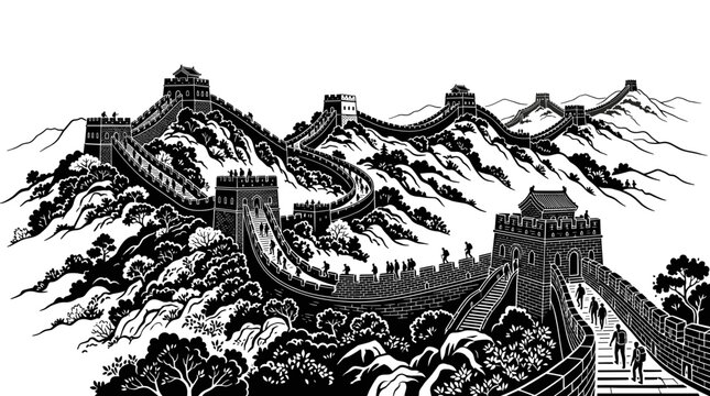 great wall china skyline vector illustration featuring detailed black woodcut style artwork famous Asian landmark fortress watchtowers winding over mountain landscape