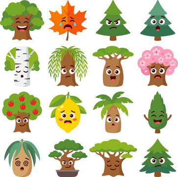 Cute tree and leaf emoji characters vector set. Cute funny tree with various facial expressions and emotions cartoon illustration isolated on white background.