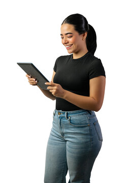 Young woman smiling while interacting with a digital tablet on a white background