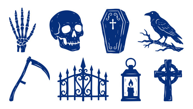 Halloween gothic illustration set featuring skull, coffin, raven, and skeleton hand in linocut style