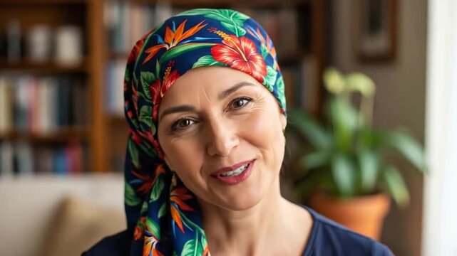 A smiling woman wears a colorful floral headscarf indoors
